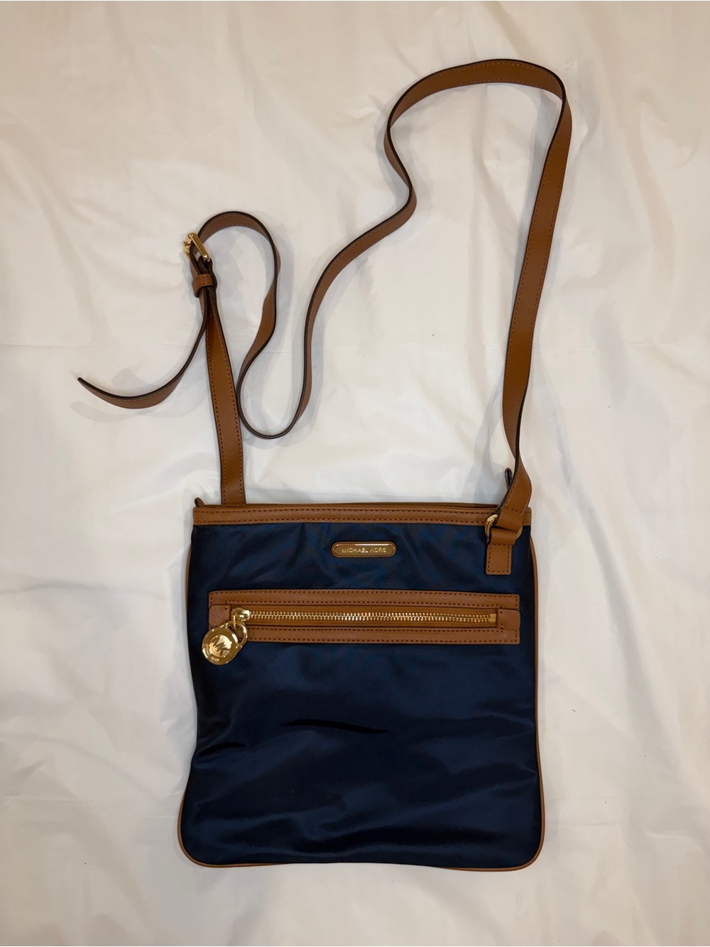 Michael Kors Kempton Large Pocket Nylon/Leather Trim Navy/Brown Crossbody Bag